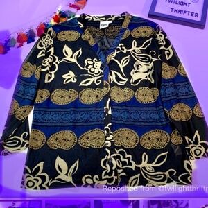 Vintage Johnny Was tunic, buttons, Blue, tan, blk?   contemp, RTW  M/S